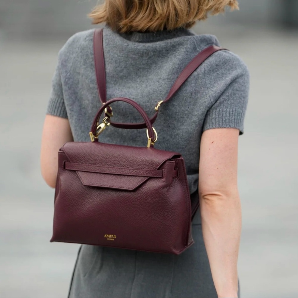 Ameli Zurich Viadukt Leather convertible backpack, crossbody bag- maroon red